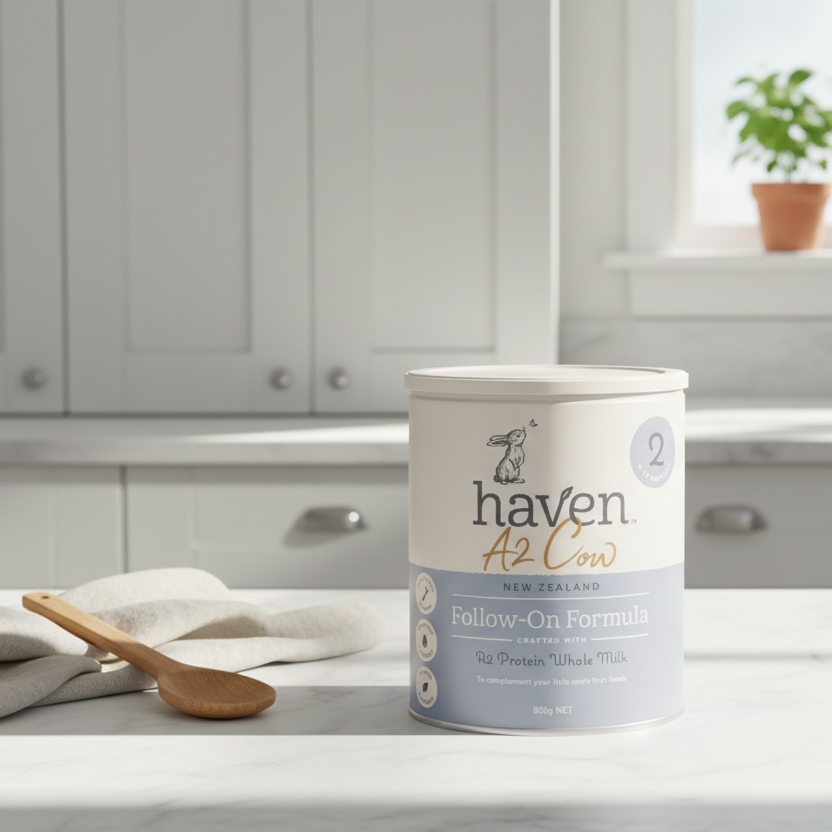 Haven A2 Cow Follow-on Formula in serene kitchen