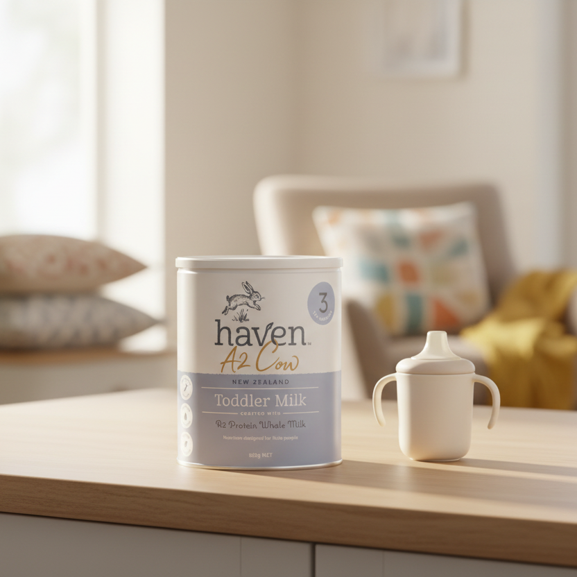 Haven A2 Cow Toddler Milk with neutral sippy cup